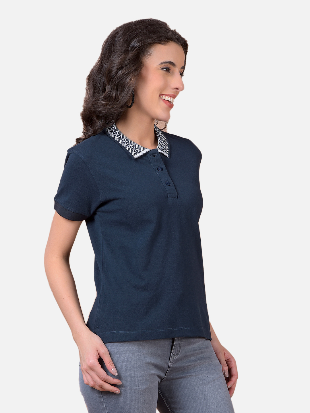 Numero Uno Women Charcoal Polo Neck T-Shirt With Printed Collar